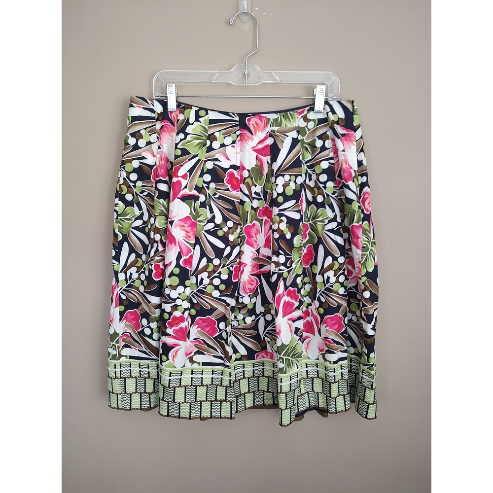 Talbots Woman Petites 14W Floral Pleated A-Line Skirt Navy Pink Green Geometric‎